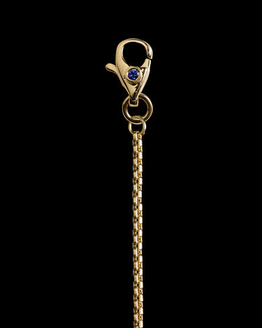 Close-up of a gold chain necklace with clasp end