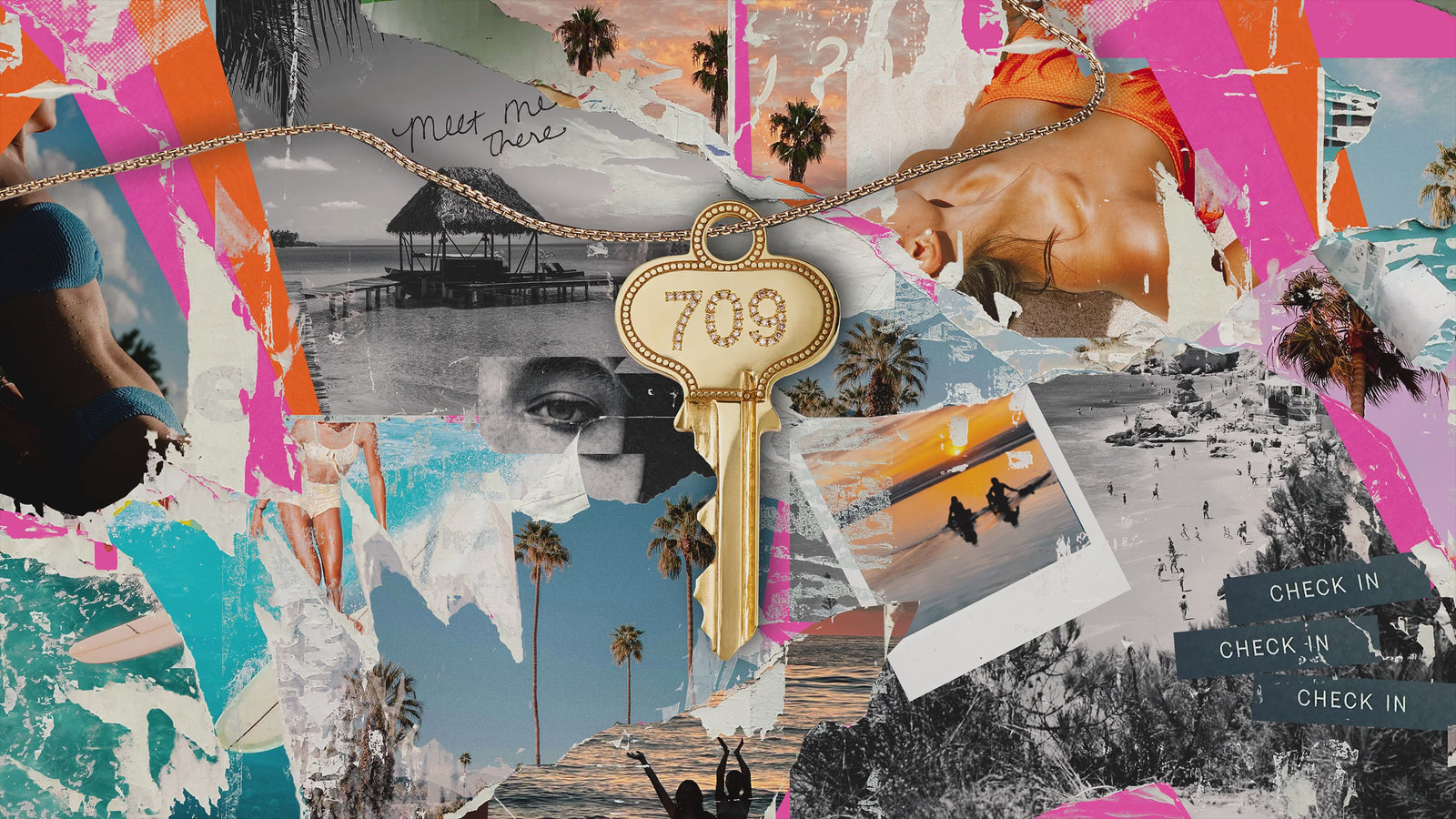 Spinning key on a gold chain with a photo collage background