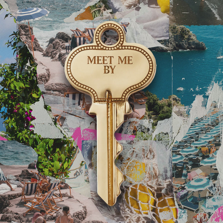 Keys with various messages on a photo collage background