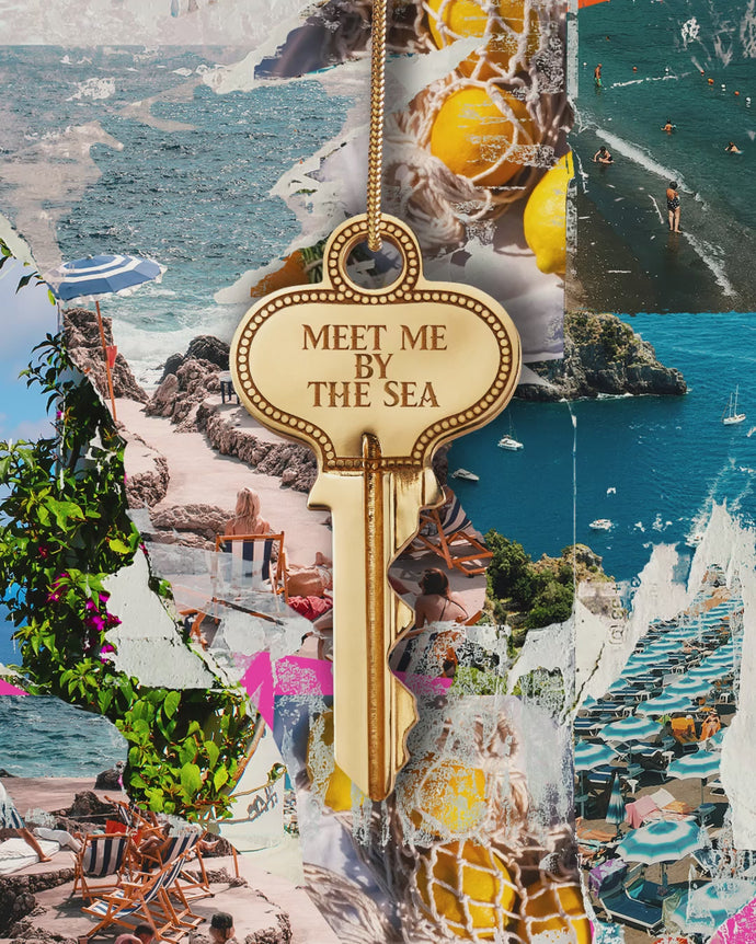 Spinning key with Capri and Meet Me by the Sea on a photo collage background